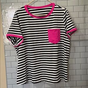 Women Retro Striped Ringer Tee Hot Pink Accent Pocket T-Shirt size 2XL